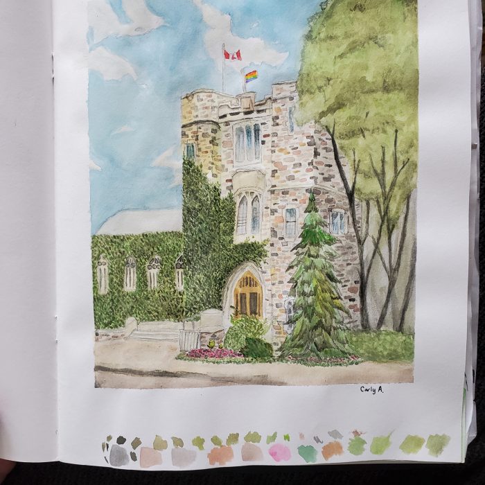 Watercolour painting of the front of Havergal's Upper School.
