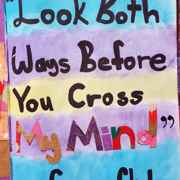 Sketchbook cover that says "Look both ways before you cross my mind." by George Clinton