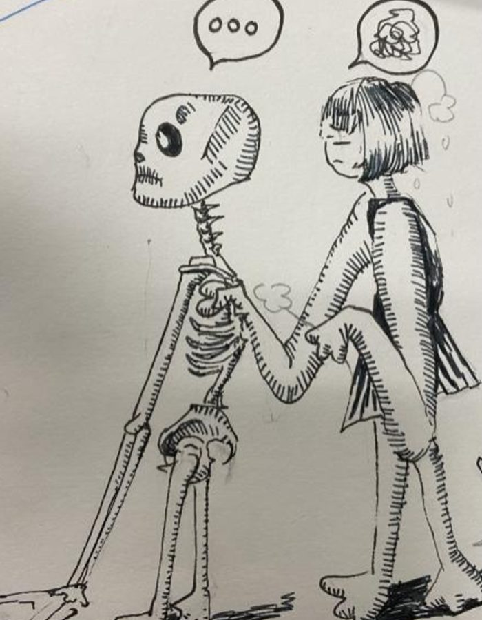 Sketch of someone holding a skeleton.