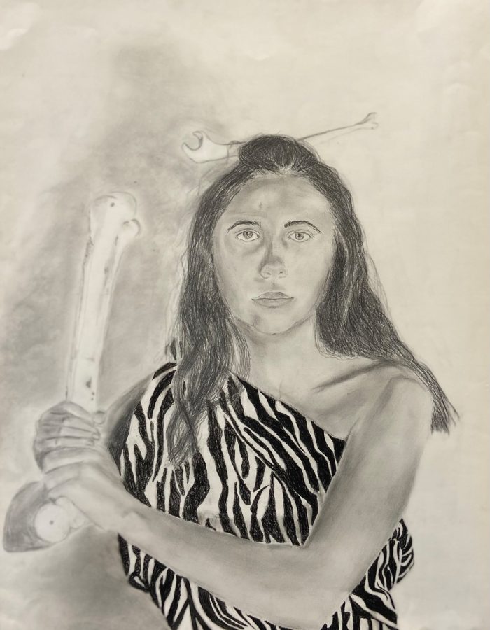 Sketch of someone dressed in animal print holding a large femur.