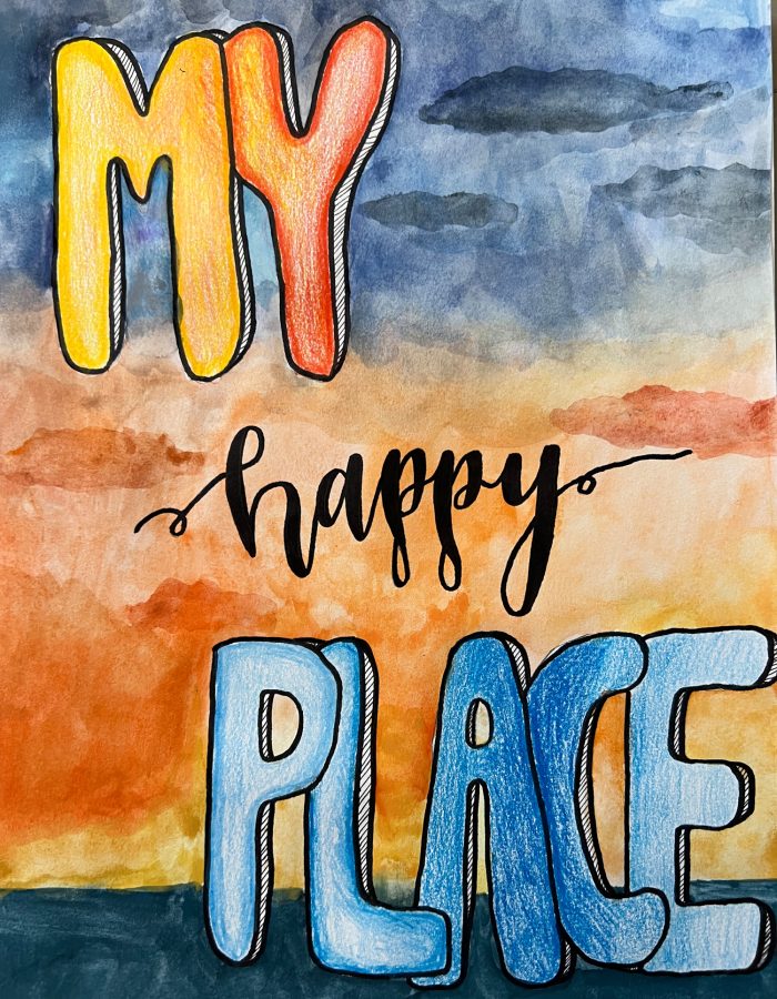 Drawing of a sunset that says "My happy place."