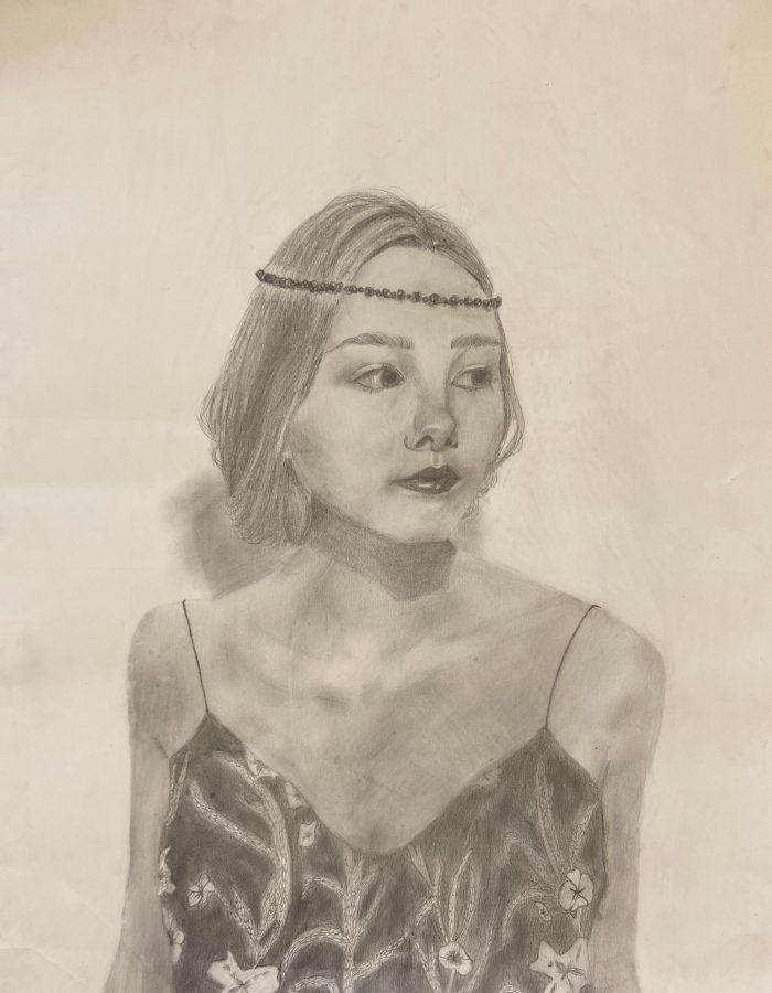 Sketch of someone dressed like a flapper.