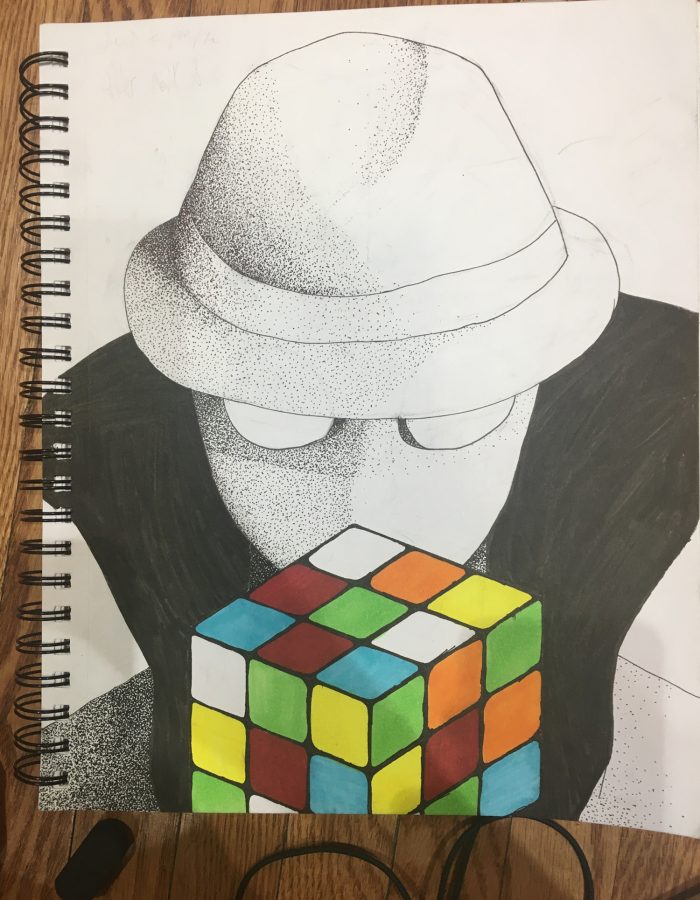 Sketch of someone with a Rubix Cube
