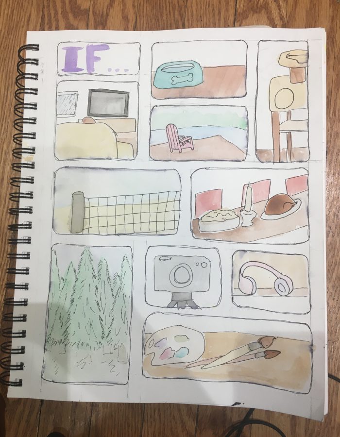 Drawings of household objects such as headphones, paint brushes, trees, a tv, etc.