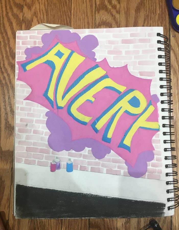 Sketchbook cover that says "Avery"