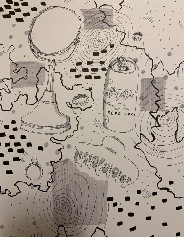 Sketch of a can of Coke Zero Sugar and other items.