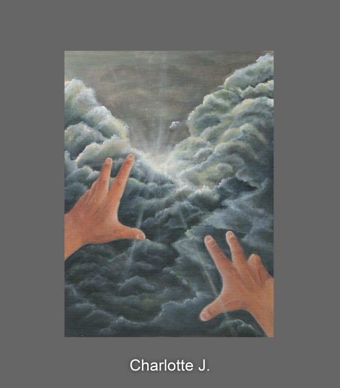 Painting of hands reaching for the sky.