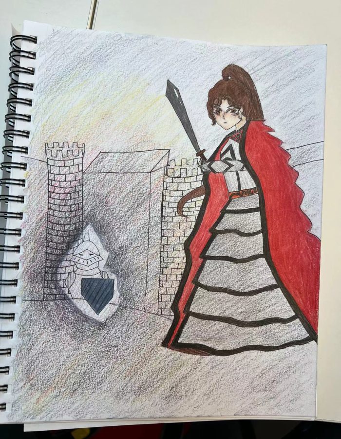 Sketch of a castle with a princess holding a sword.