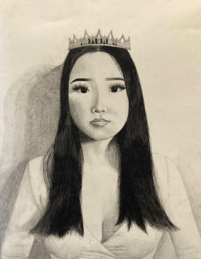 Sketch of someone wearing a crown.