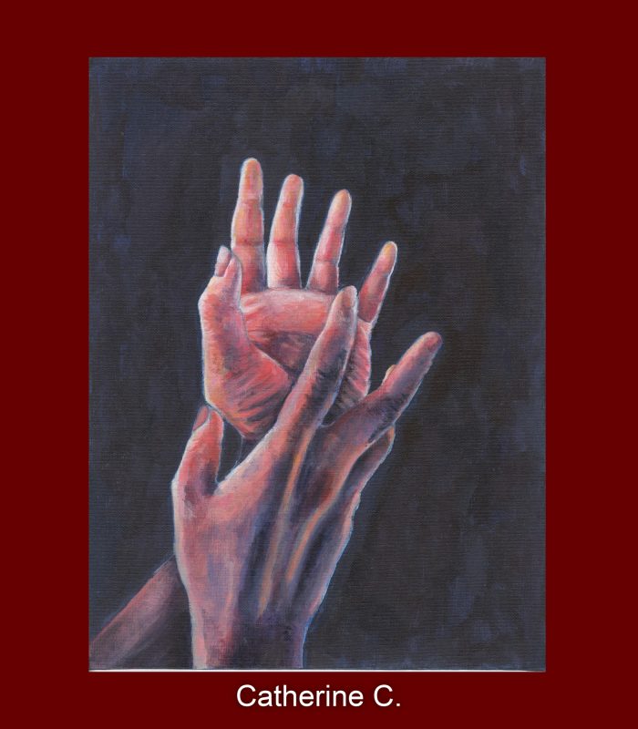 Painting of two hands rubbing together.