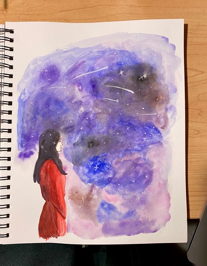 Water colour painting of a woman wearing a red dress staring at the purple night sky.