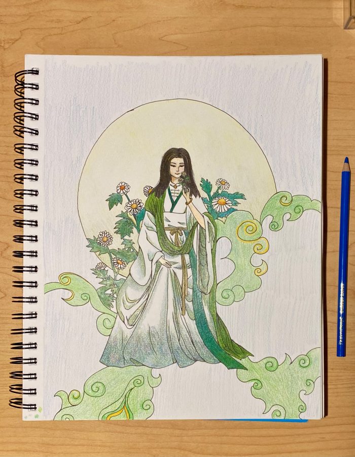 Sketch of a woman wearing a long flowing white dress with greenery around her.