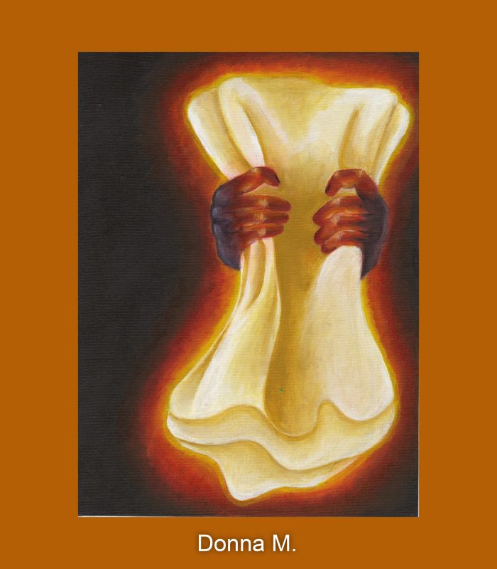 Painting of hands clutching white cloth.