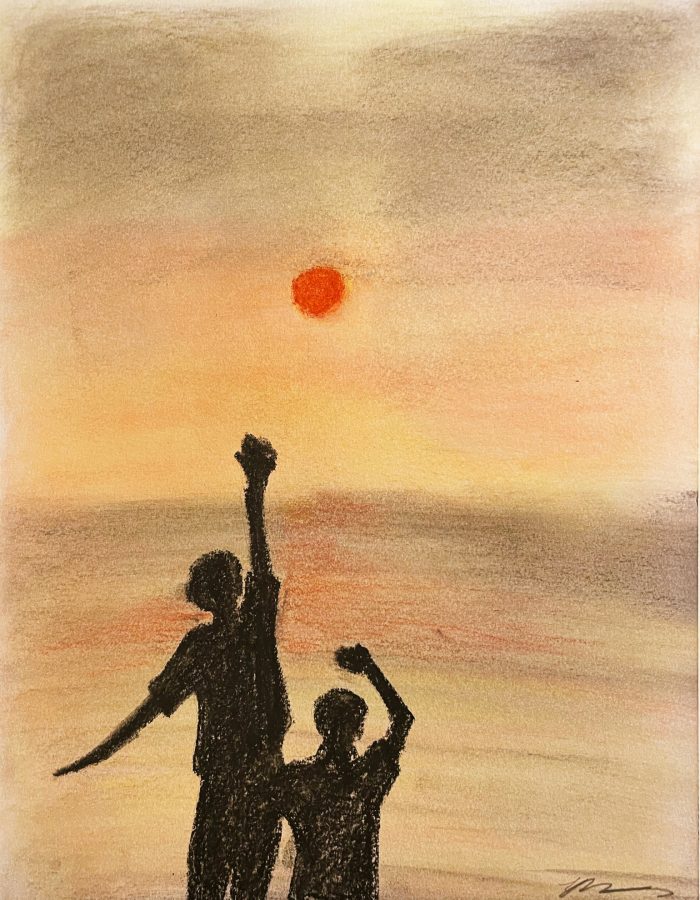 Sketch of silhouettes reaching for the sun.