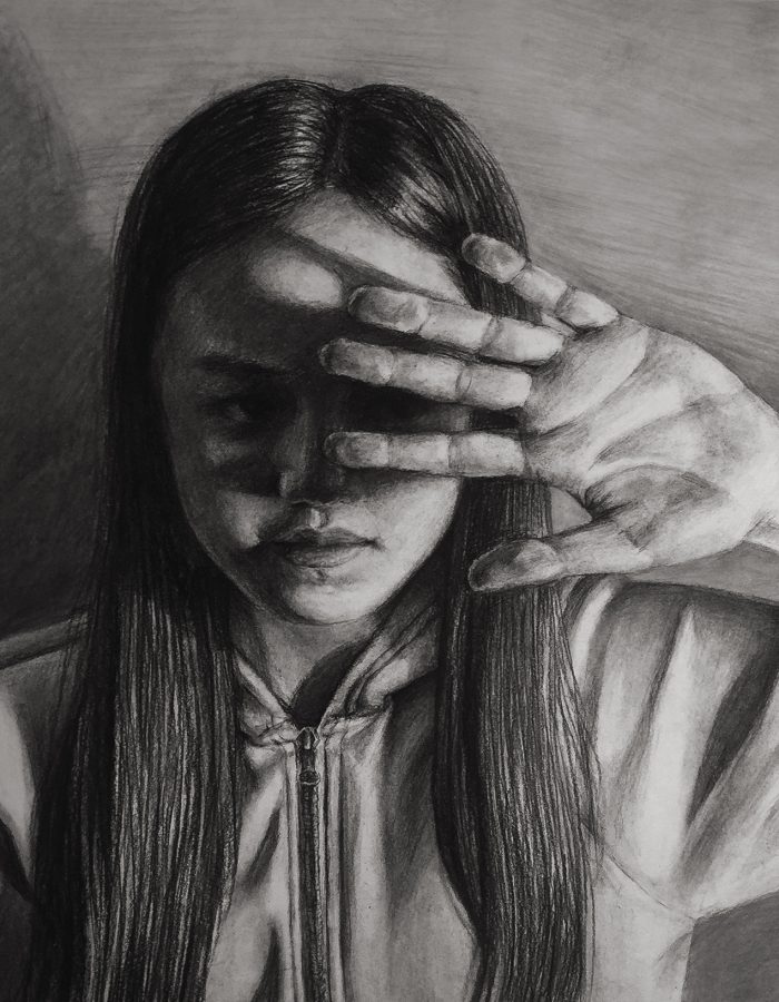 Drawing of a student shielding her face.
