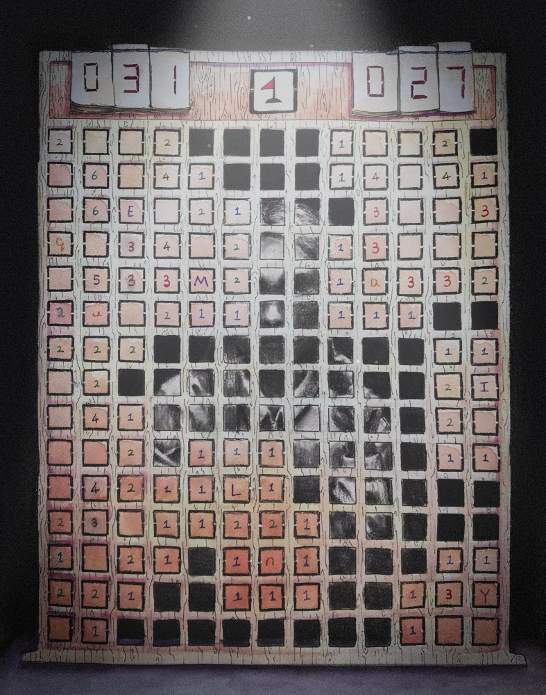 Drawing of someone standing behind a Minesweeper board.