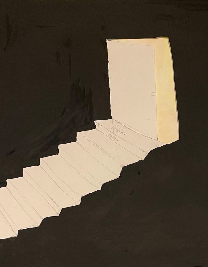 Painting of a dark staircase.