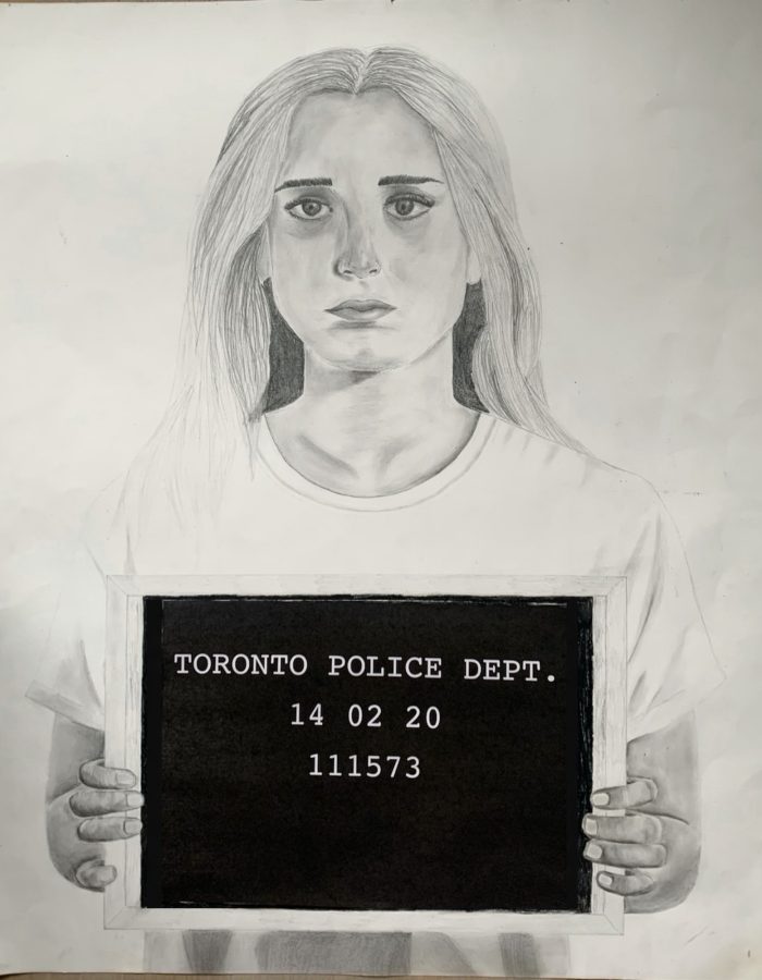 Sketch of someone getting a mug shot taken at the police department.