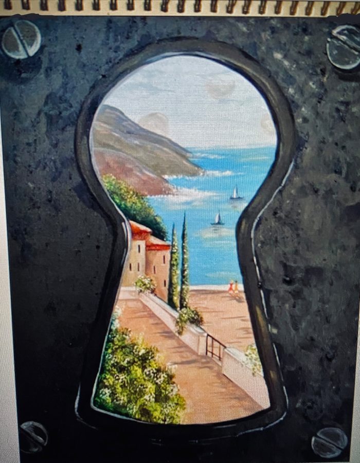 Painting of a view from a keyhole of a beach.