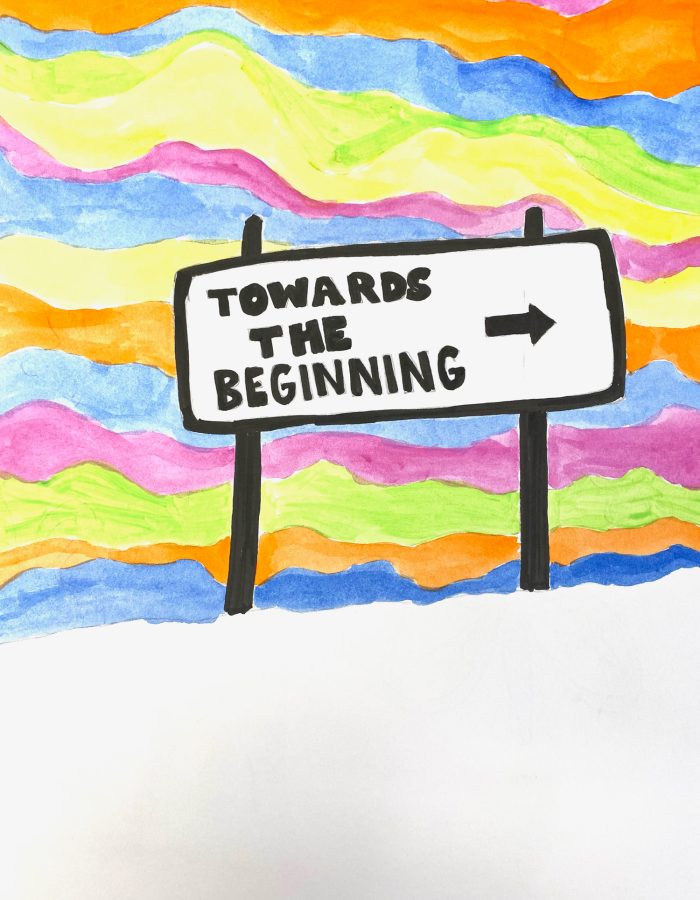 Drawing of a colourful sky with a sign that says: "Towards the Beginning ->"