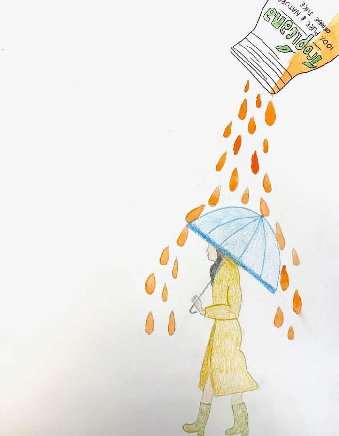 Drawing of a woman holding an umbrella with juice flowing out of a cup onto the umbrella.