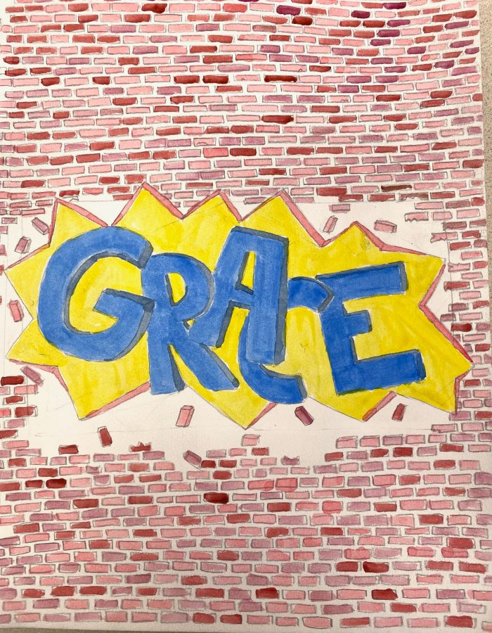 Drawing of a wall with the name "GRACE" breaking through.