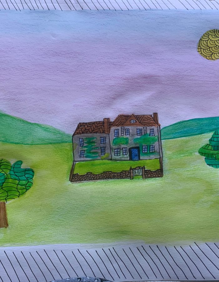 Water colour painting of a house.