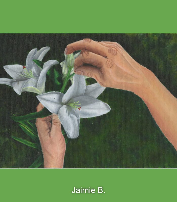 Painting of hands holding lilies.