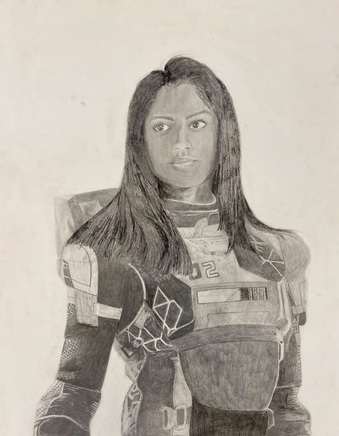 Sketch of a woman wearing a Star Wars outfit.