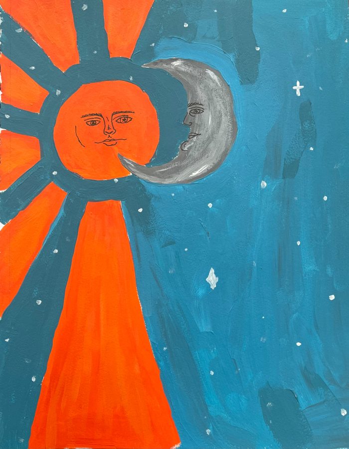 painting of the sun and the moon with faces together.