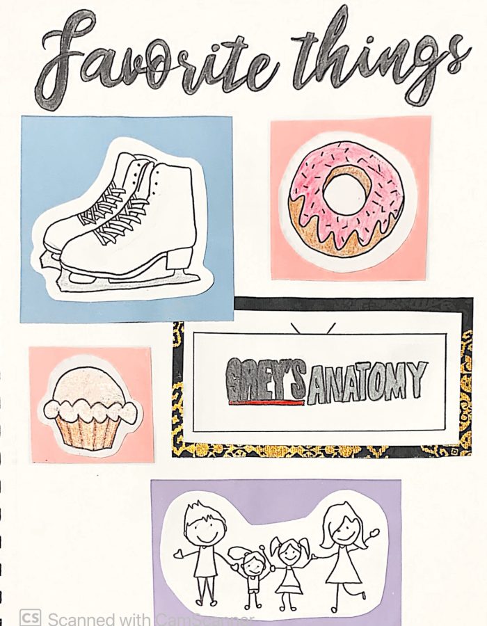Drawings of favourite things: cupcakes, family, donuts, figure skates and Grey's Anatomy.