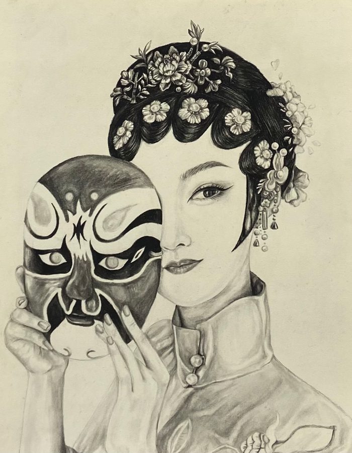 Sketch of someone about to wear a traditional mask.