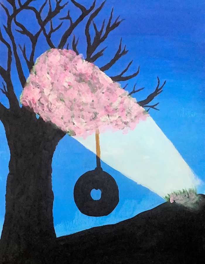 Painting of a silhouette of a tree with a tire swing and a light that shows the tree is a cherry blossom.