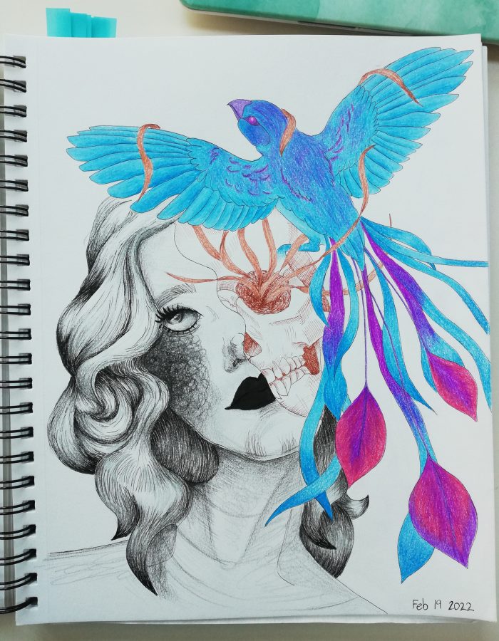 Black and white sketch of a face with a colourful bird flying out of her face