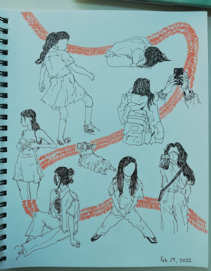 Sketches of a student in different poses.