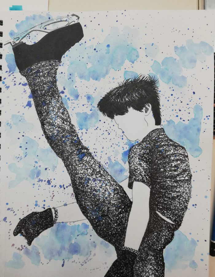 Sketch of figure skater in a pose with leg up.