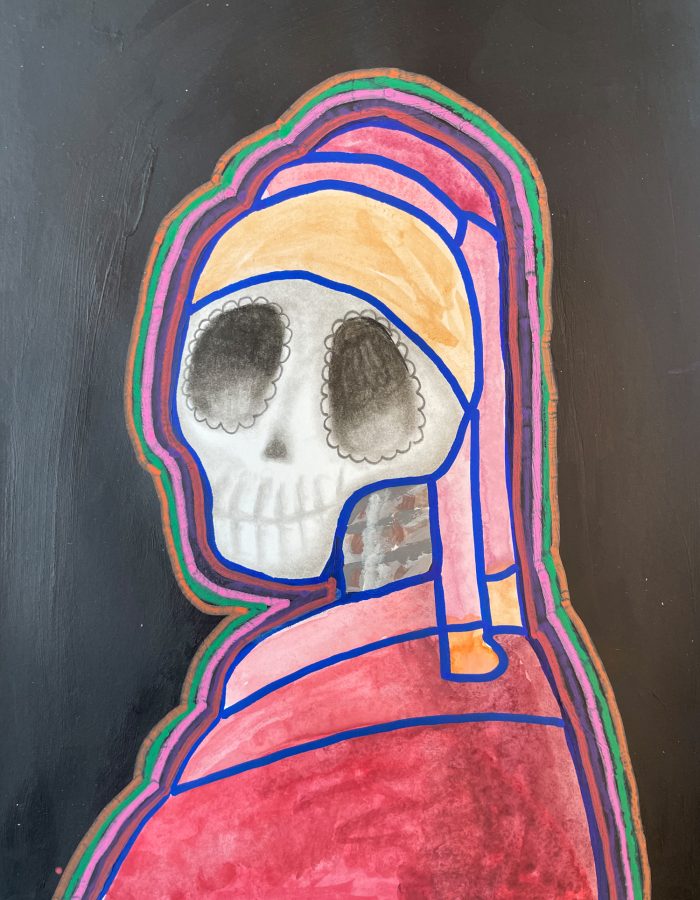 Drawing of a skull wearing clothes.