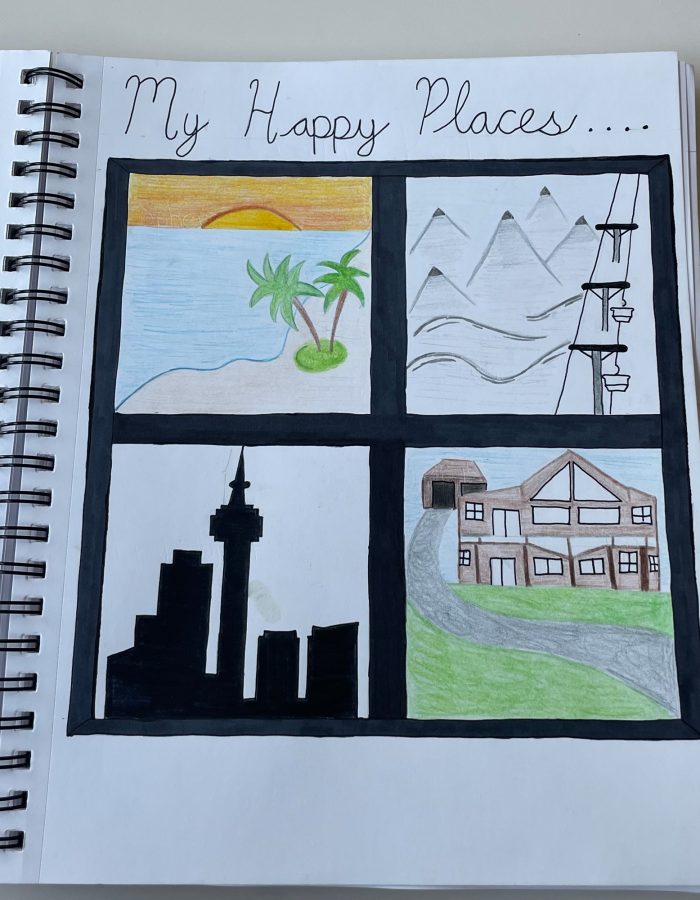 Drawings of a beach, a ski slope, Toronto and a house.