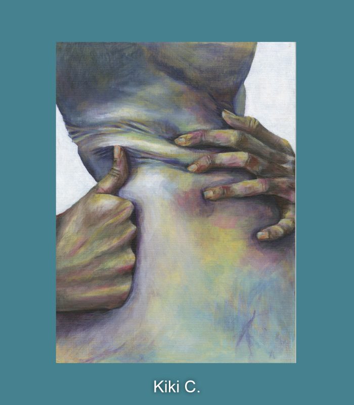 Painting of hands massaging a neck.