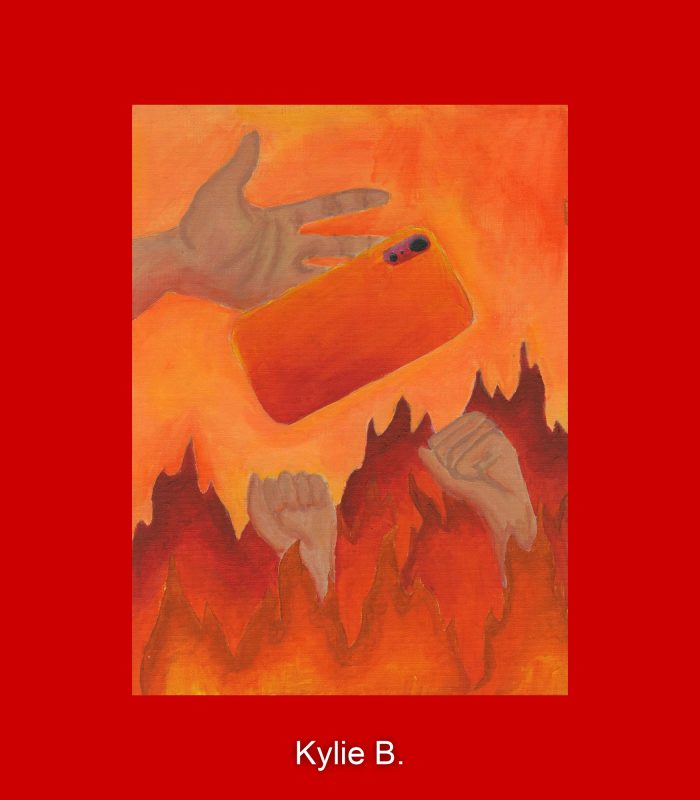 Painting of a hand dropping a phone in fire.