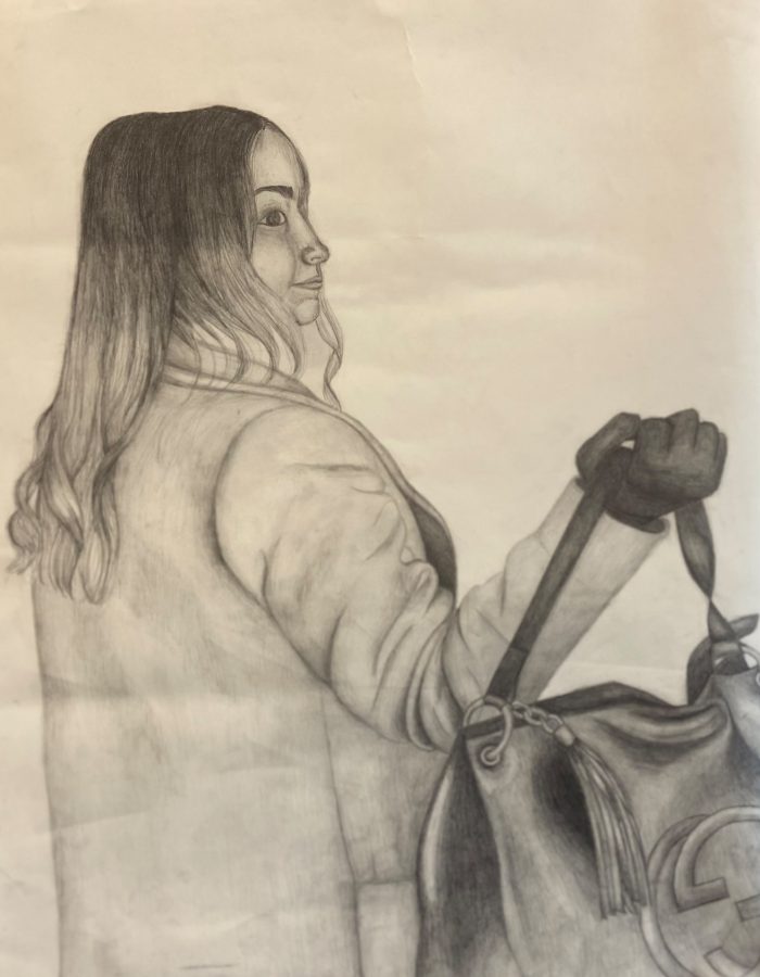 Sketch of someone holding a bag.
