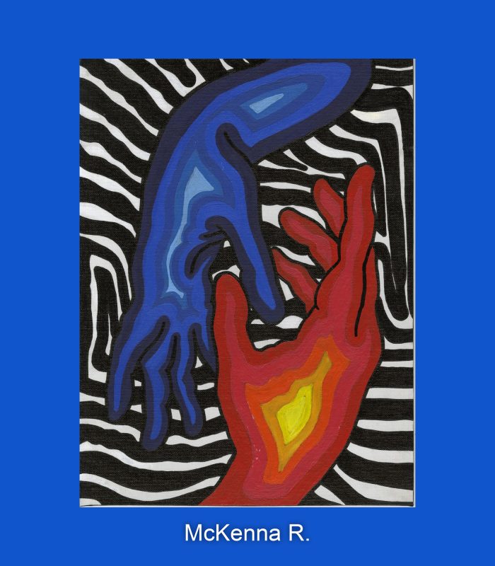 Painting of hands - one is red and yellow and the other is blue.