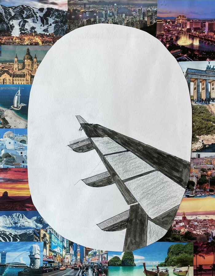 Sketch of the wing of a plane with photos of destinations glued around it.