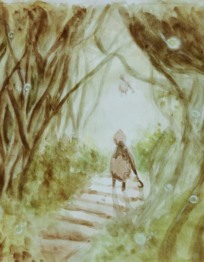 Drawing of someone in a forest.