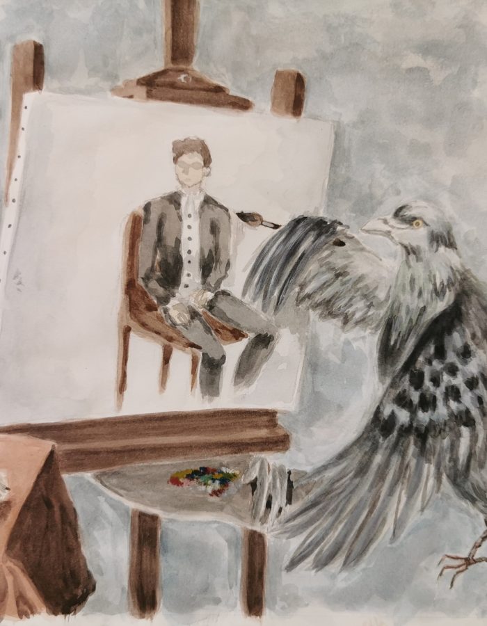 Painting of an owl painting a human.