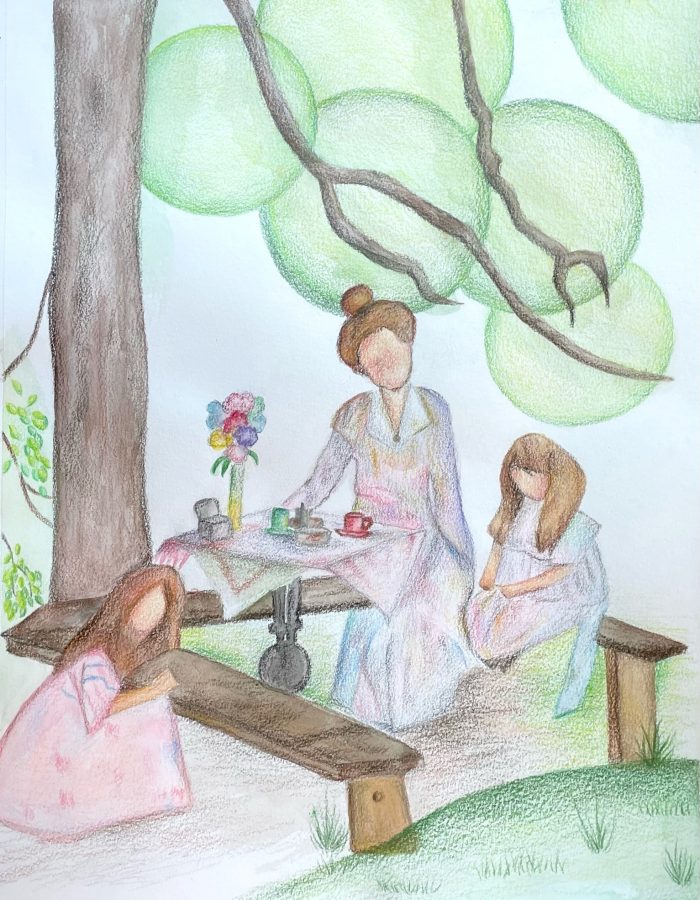 Drawing of women sitting under a tree.