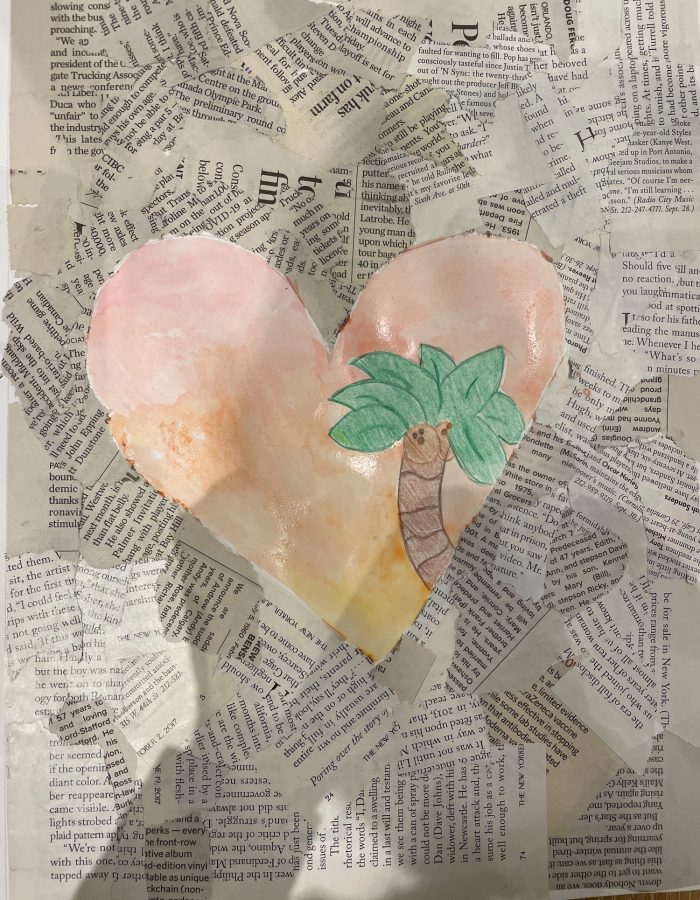Painting of a heart with a palm tree on newspapers.