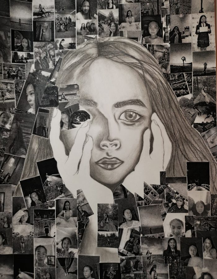 Sketch of a face with photos around it.