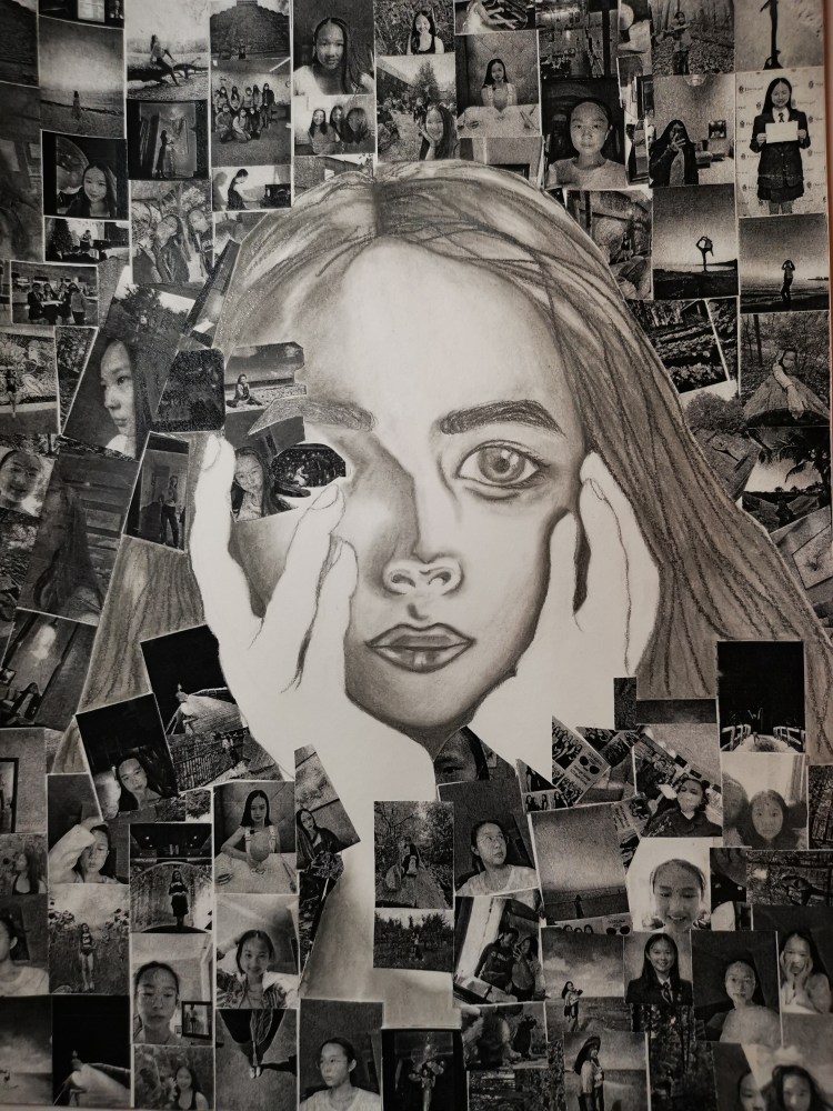Sketch of a face with photos around it.