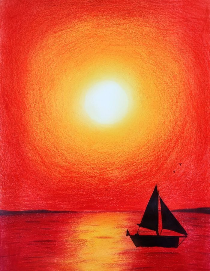 Painting of a sailboat at sunset.
